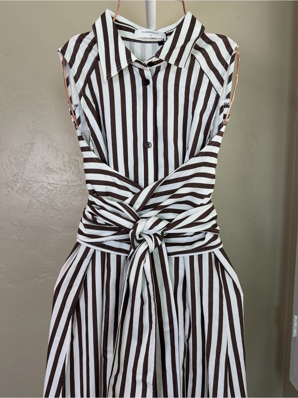 Commense Brown Ivory Striped Linen Blend Tie Waist Maxi Midi Dress Small NWT - Picture 4 of 8